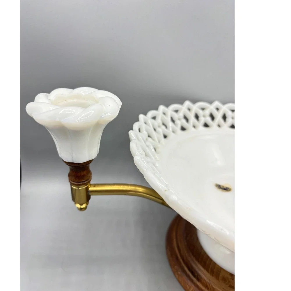 Vtg Westmoreland Milk Glass‎ Centerpiece Lace Edge Bowl Candle Holders Wood Base
